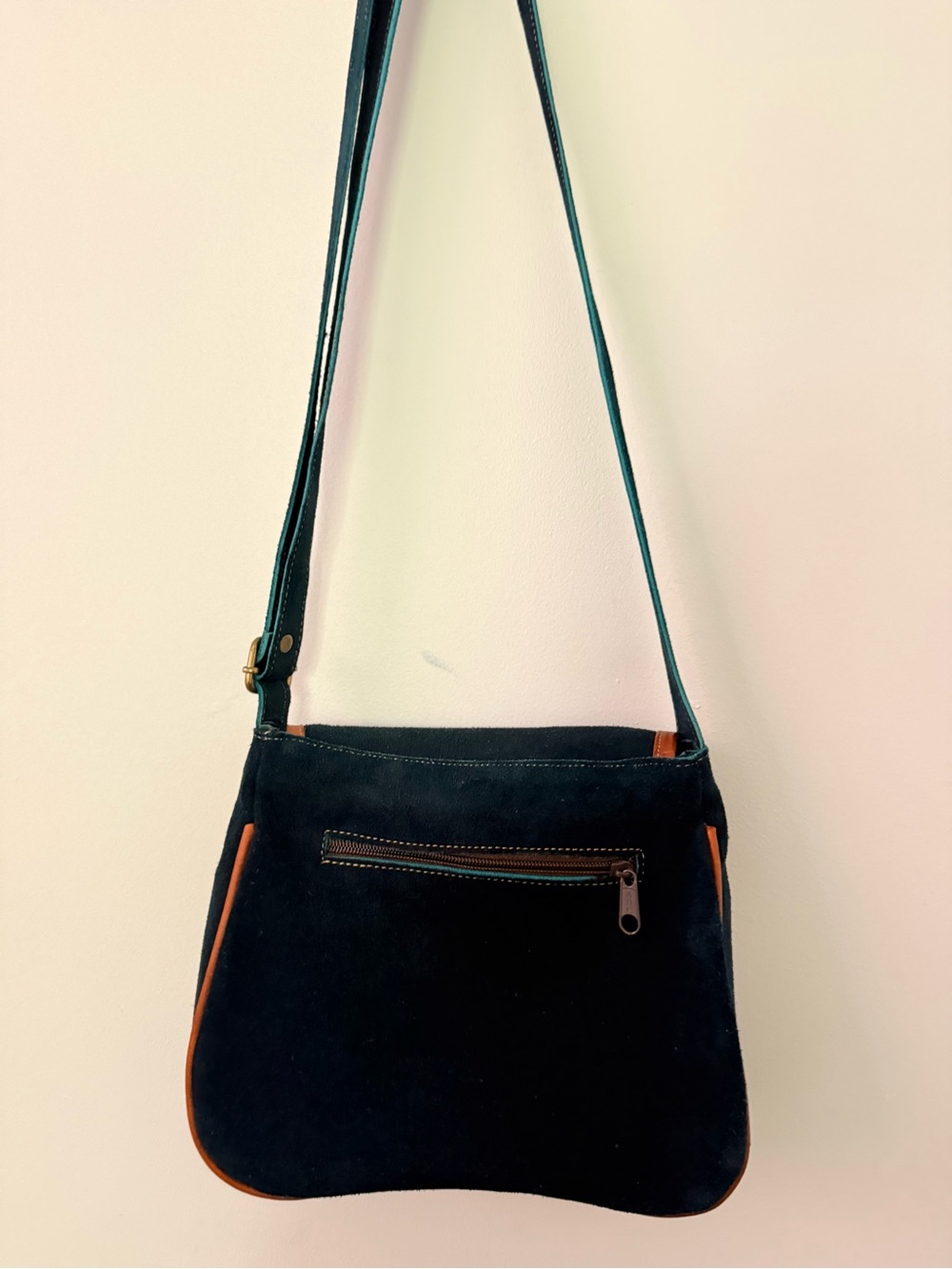 Embroidered Navy Blue Suede Crossbody Bag with Brown Trim - Made in Ecuador - Picture 4 of 4